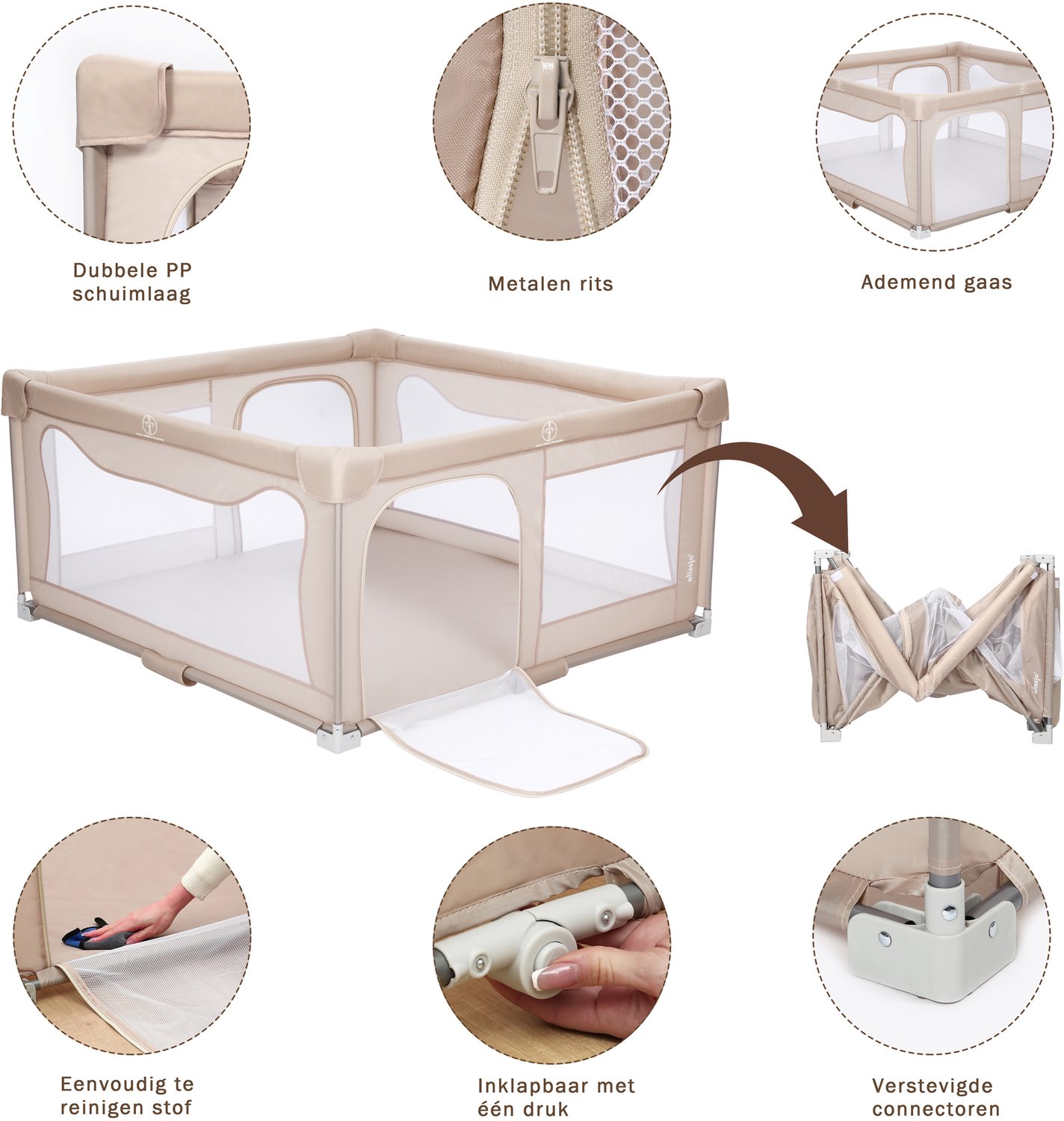 Elissio® - Grondbox Baby - Inklapbare Speelbox met XPE dubbelzijdige Speelmat & 50 Ballen - Kruipbox - Kinderbox - Playpen Baby - 150x150x76.5 CM - Beige – foto 6