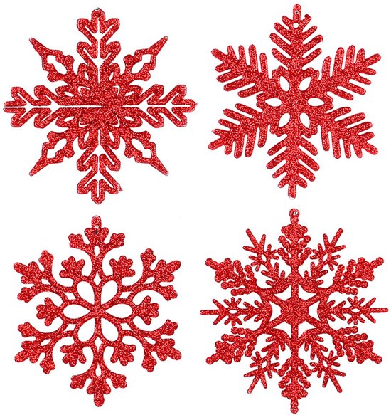 Vier verschillende rode glinsterende sneeuwvlokontwerpen op een witte achtergrond.