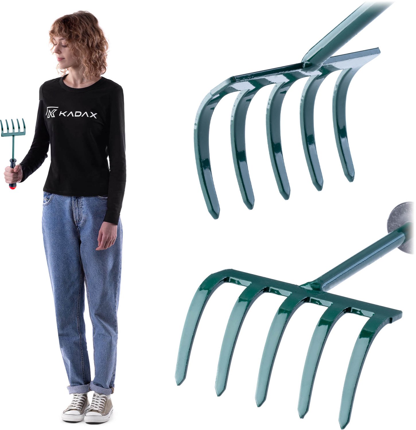 KADAX Hark, kleine hark met steel, bladbezem van metaal, bladhark voor tuin, bloembed, gazonhark, tuingereedschap, hooikoork, tuinhark, groen (25 cm, 5 tanden)