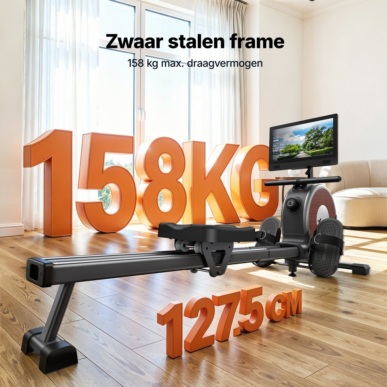 MERACH Smart Roeitrainer met 15.6" HD Scherm - Magnetische Roeifietser met 16 Weerstanden - Stil Dubbel Railsysteem - Max 158 kg - Bluetooth App thumbnail 3