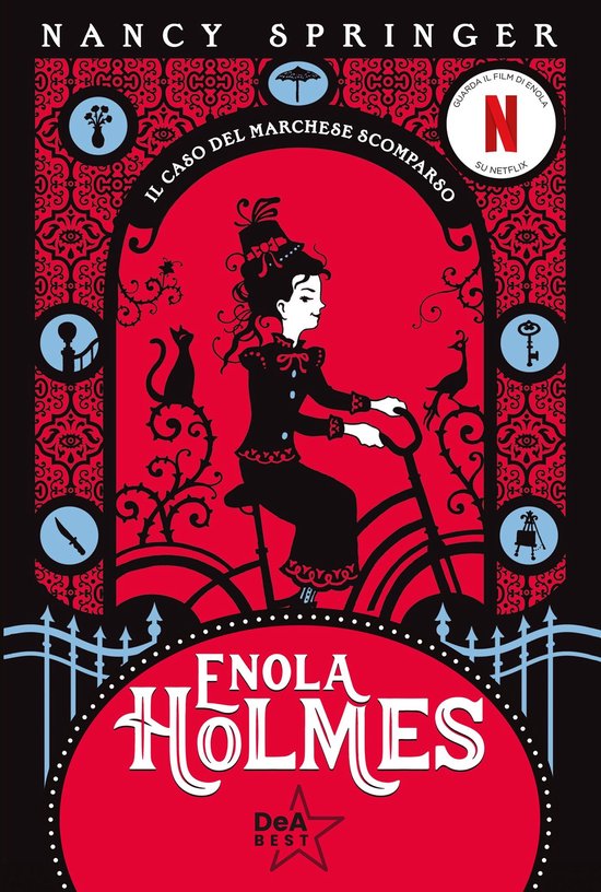 Boekomslag van Enola Holmes: vrouw op fiets in rood-zwart patroon met iconen en Netflix-logo.