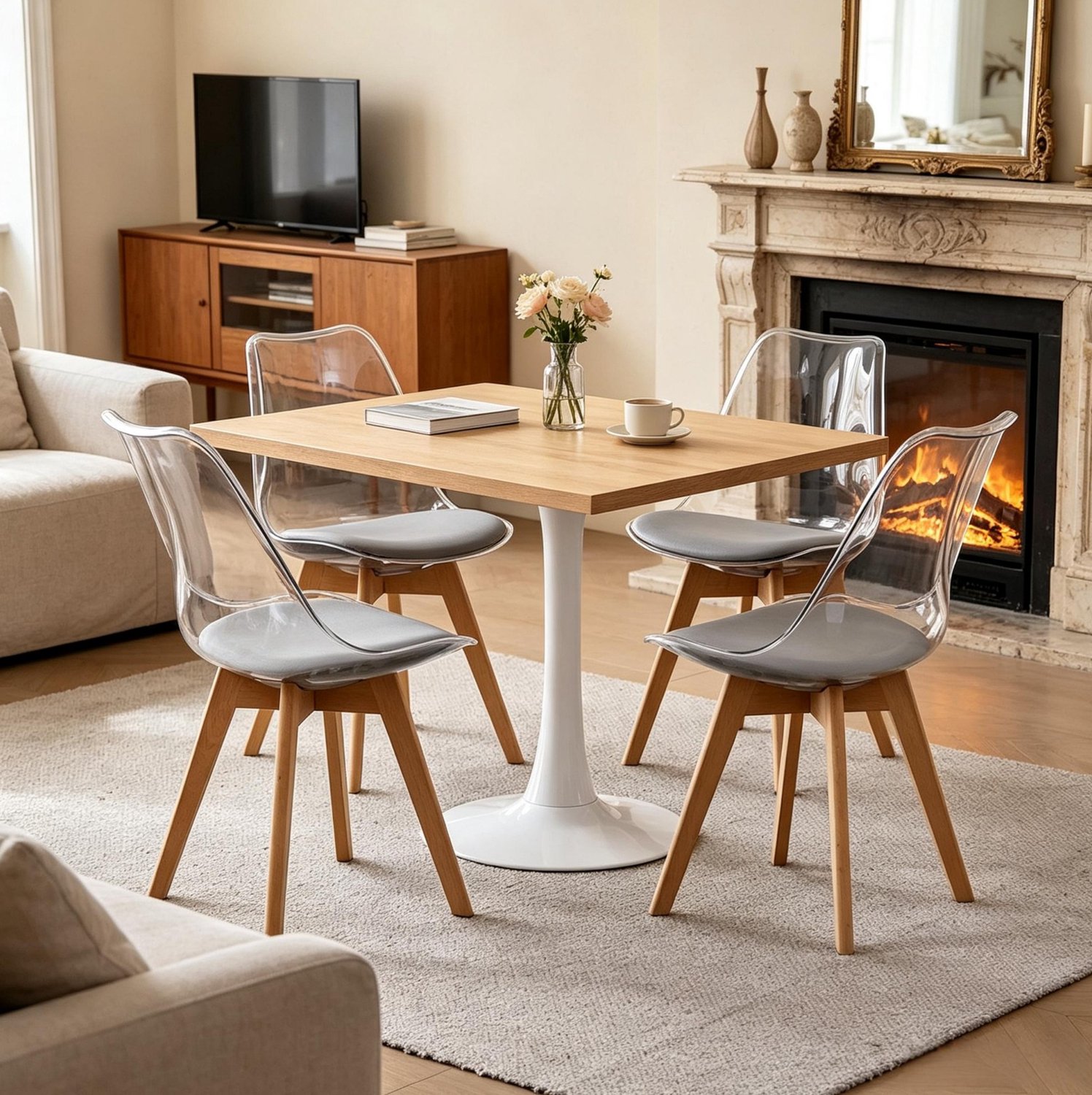 DESMIU Eetkamerstoel - Kuipstoel - Set Van 4 - Grijze Kunstleren Zitting Met Houten Poten - Voor Eetkamer, Woonkamer En Keuken - Kunststof Grijs
