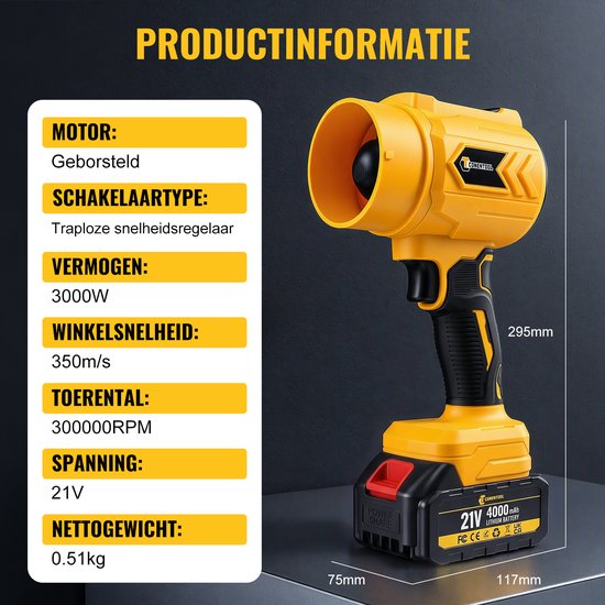 CONENTOOL Accu Bladblazer 21V - 300000RPM - 3000W - 350 m/s - 2x 4.0Ah accu — afbeelding 3