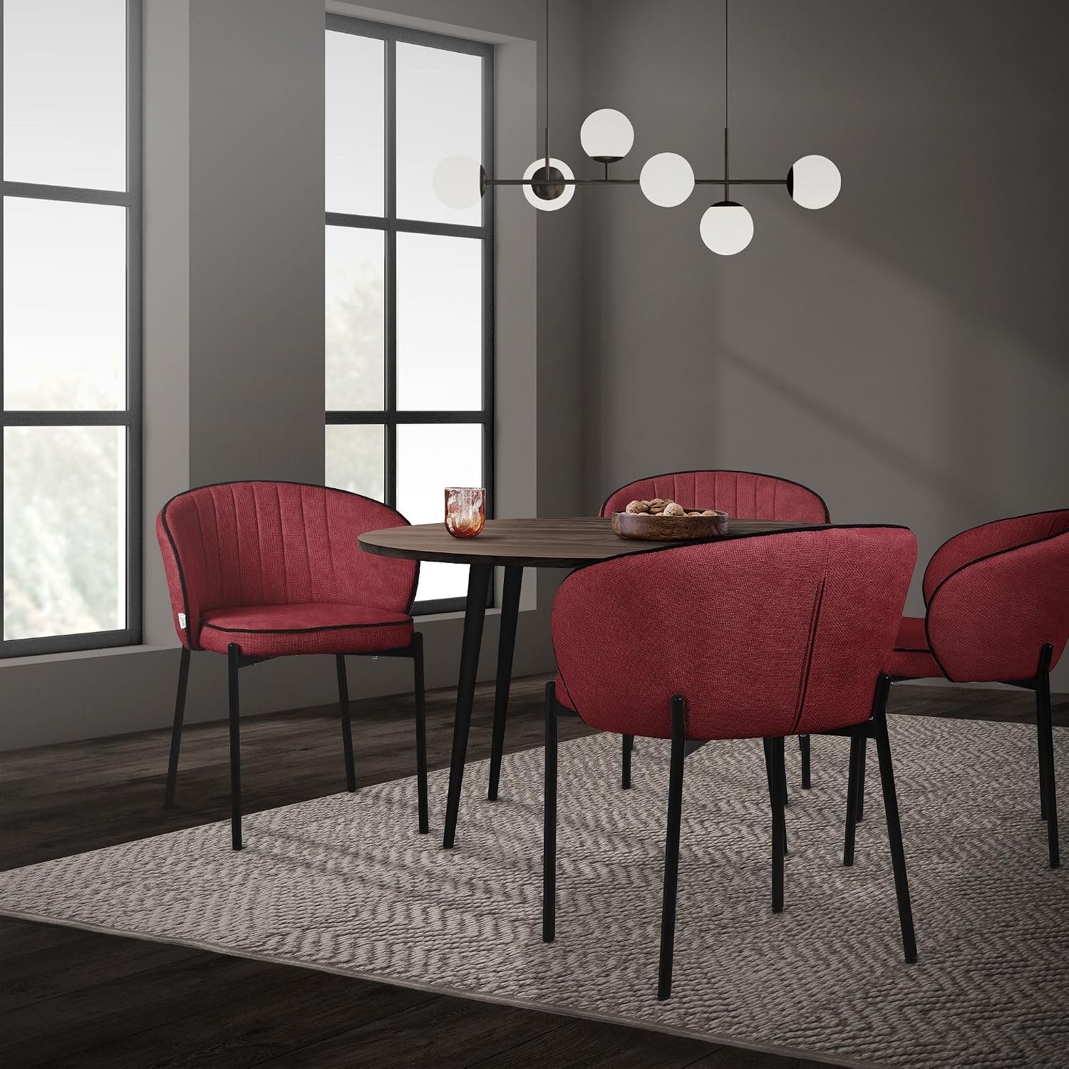 Rode Comfort Eetkamerstoelen met Zachte Stoffen Bekleding en Ergonomische Rugleuning – Set van 4 Moderne Stoelen met Stevige Metalen Poten, Poedercoating en Verstelbare Voetjes voor Eetkamer, Keuken en Woonkamer – 59 x 60 x 72 cm