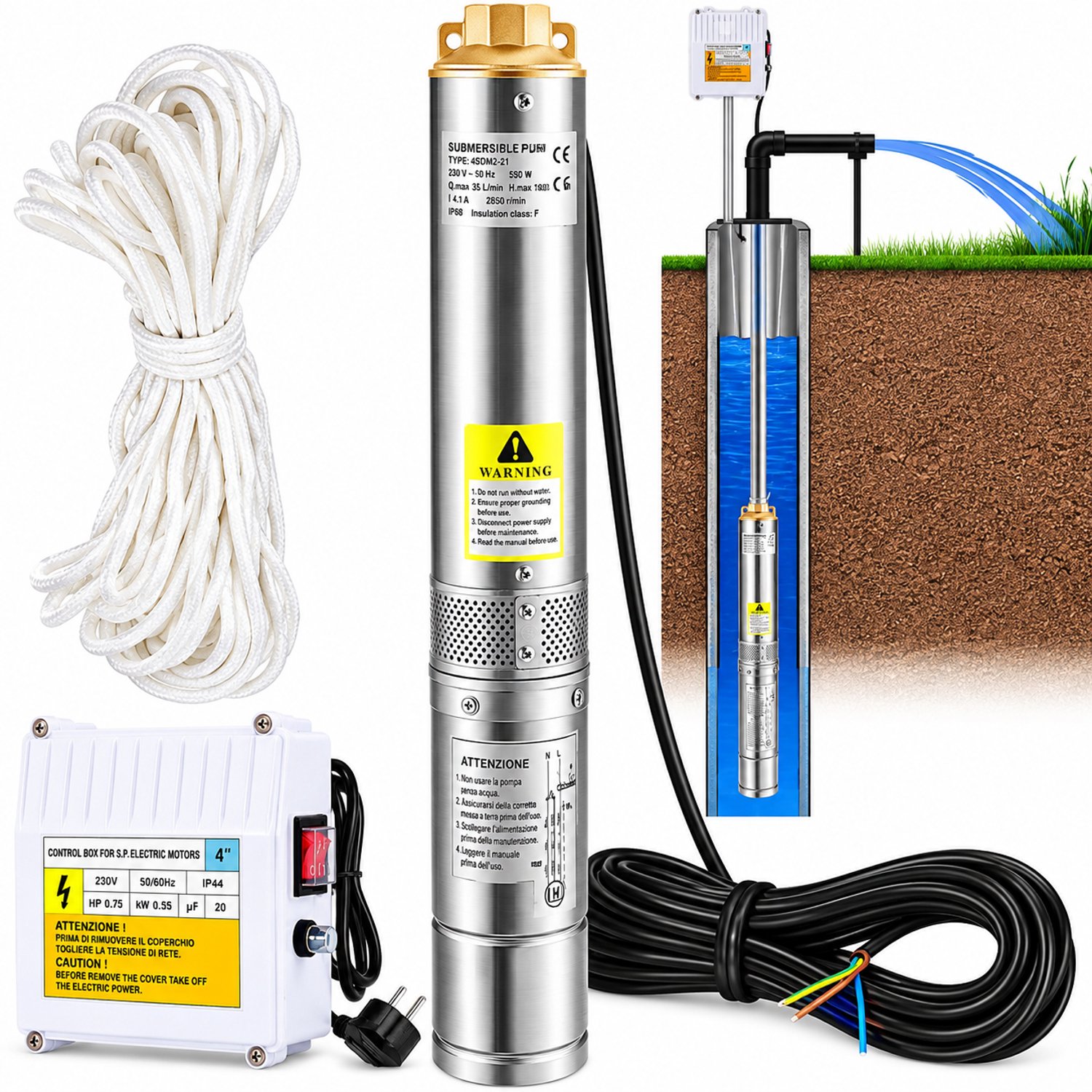 Kymmi Dompelpomp 550W- Waterpomp - Bronpomp - Opvoerhoogte 108M - Pompcapaciteit 35L per minuut - RVS - Stroomkabel 20M - IP68