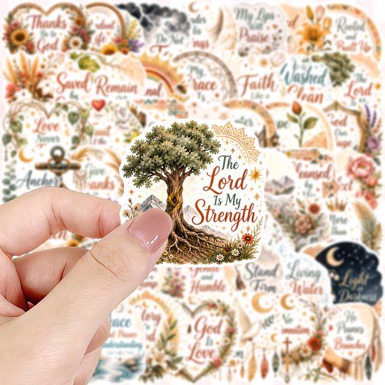 Sticker van een boom met wortels en tekst "The Lord Is My Strength", omgeven door een mandala-motief.