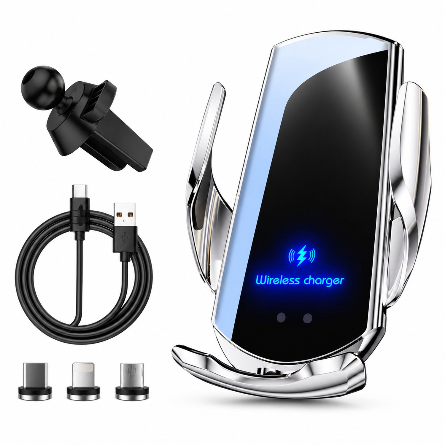 Telefoonhouders auto: zilverkleurige Q3-telefoonhouder met 15 W draadloos opladen en sensorbediende opening en sluiting