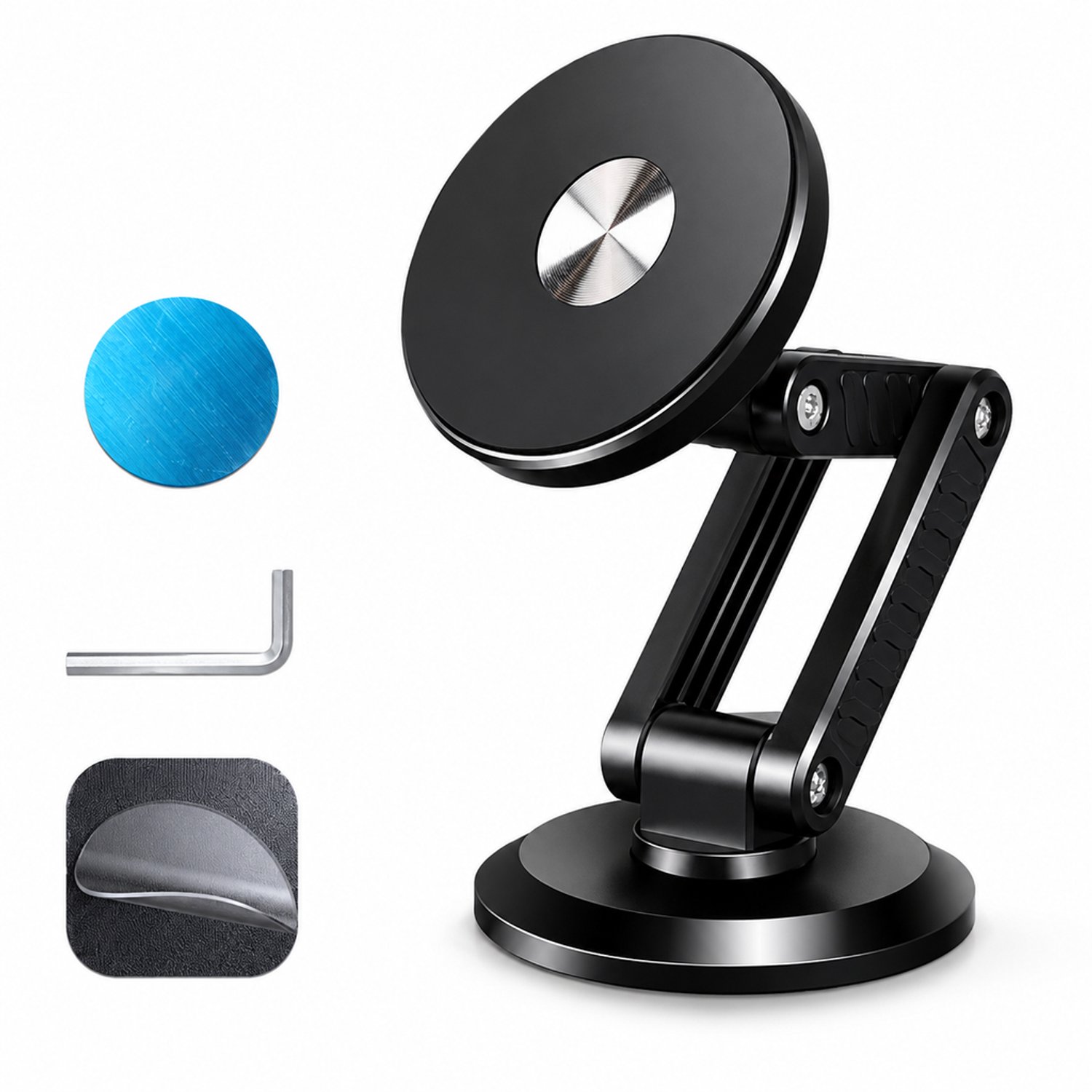 telefoonhouders auto - zwarte magnetische dashboardhouder - inklapbare arm - met magnetische telefoonplaat, inbussleutel en reserve kleefpad