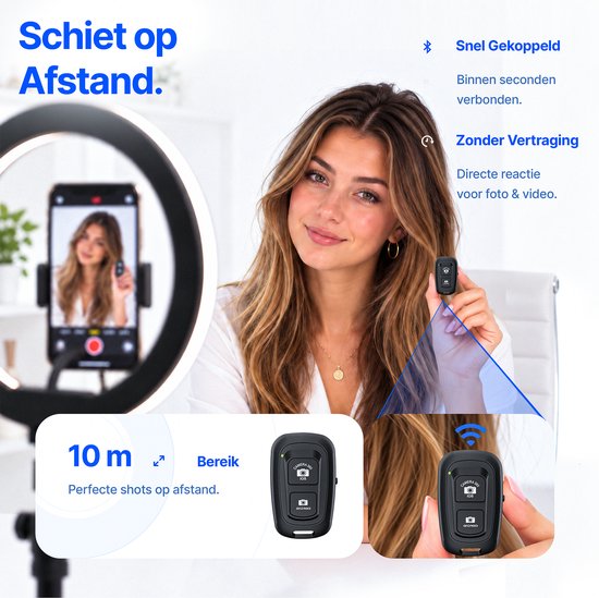 Bluetooth-afstandsbediening voor Studio ME ringlamp, 10 meter bereik, voor draadloze bediening van foto's en video's.