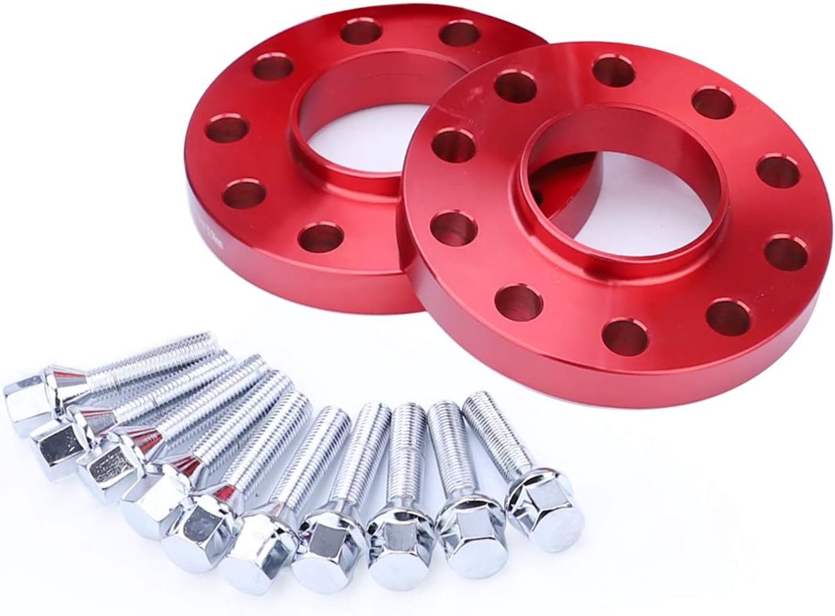 2 stuks wiel spacers adapters: 5x120 20mm, binnendiameter 72,56 mm verspringend, met 10 conische bouten M12x1,5 draad 45mm bouten (rood)