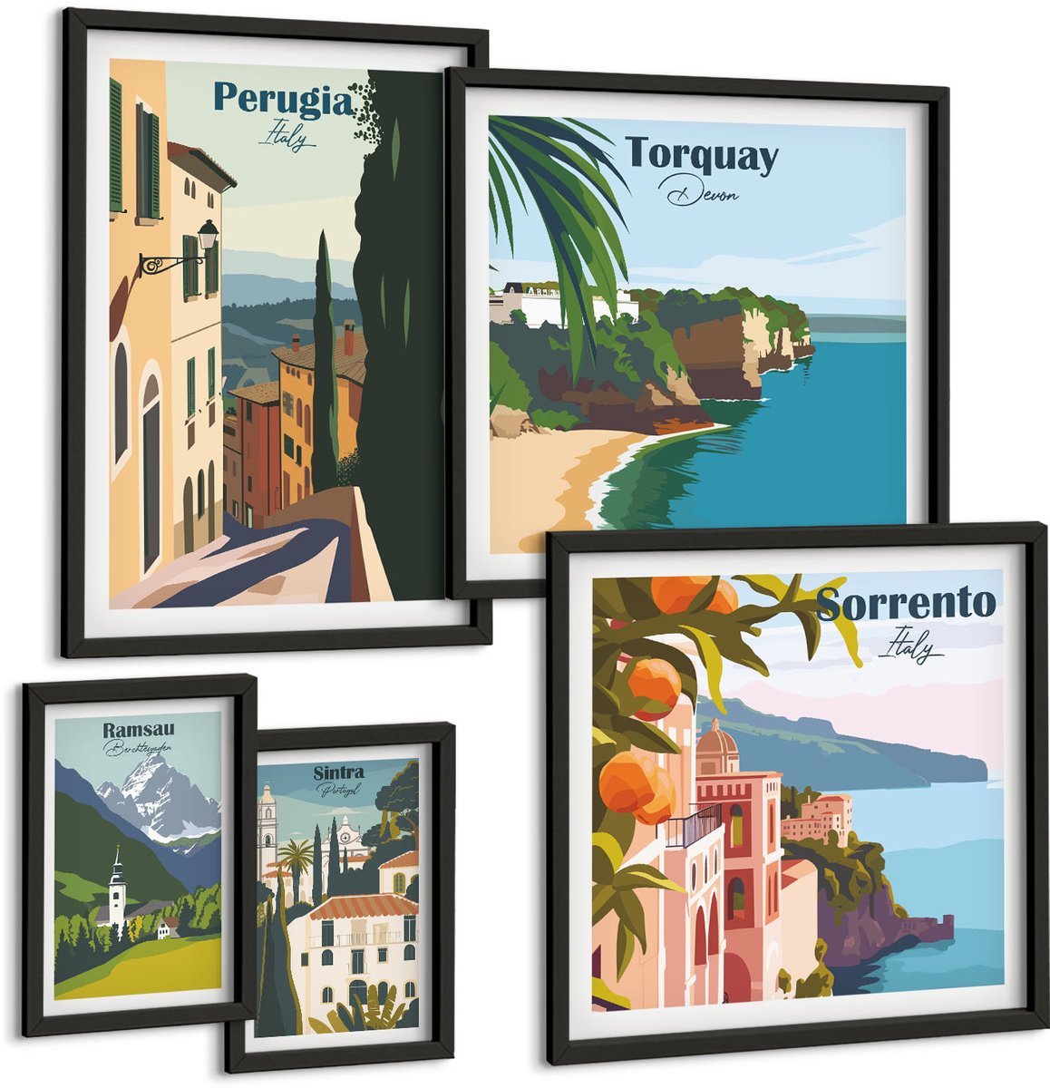 Coloray 5-Delige Schilderij Set - Uitzichten Op Pittoreske Straatjes In Italiaanse Steden - 50 x 50 cm, 20 x 30 cm En 40 x 60 cm - Wanddecoratie - Woonkamer Decoratie - Decoratieve Schilderijen Zwarte lijst