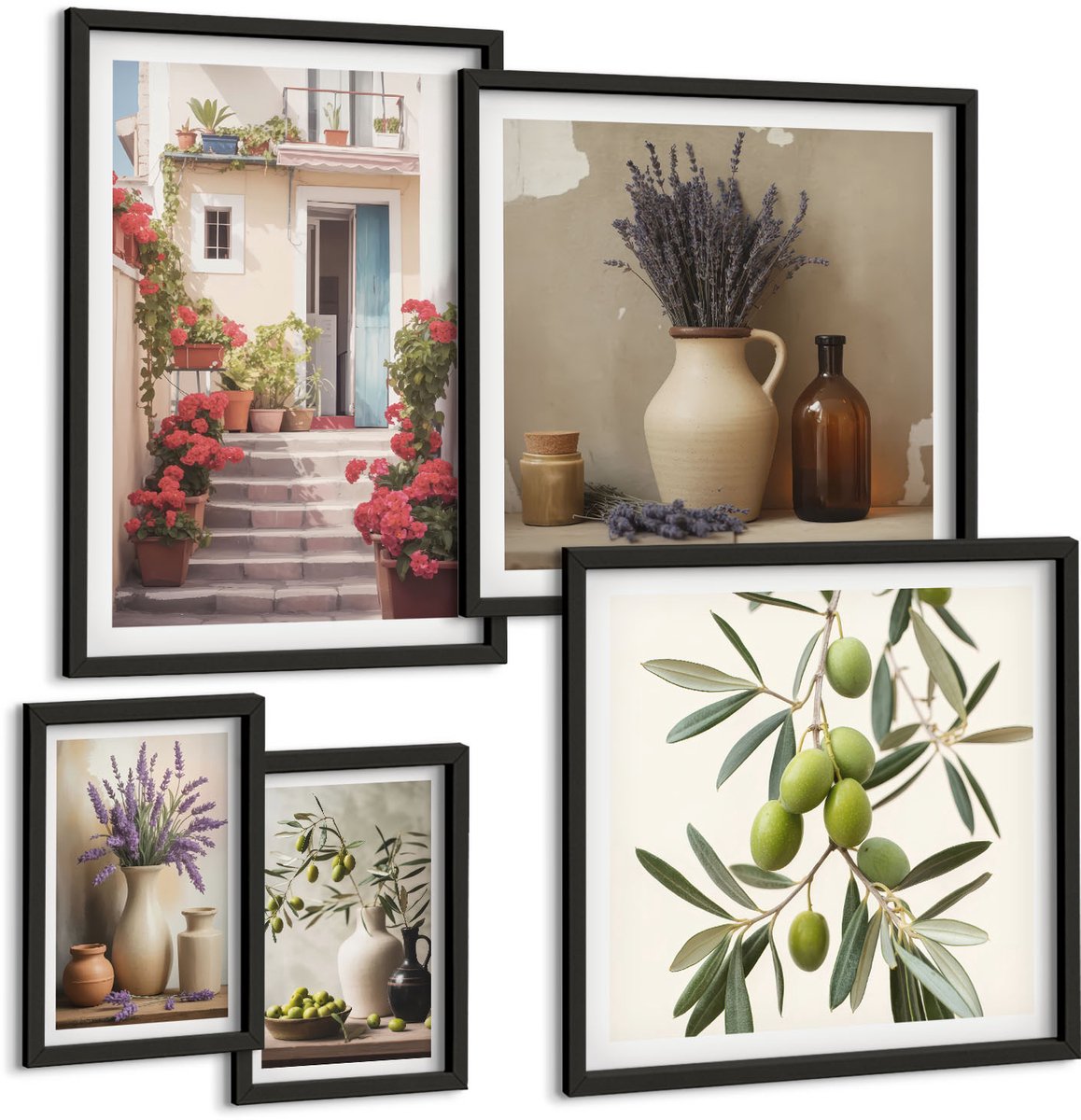 Coloray 5-Delige Schilderij Set - Stijlvol Interieur Met Bloemen En Fruit In Een Rustieke Sfeer. - 50 x 50 cm, 20 x 30 cm En 40 x 60 cm - Moderne Wanddecoratie - Woonkamer - Woonkamer Decoratie Zwarte lijst