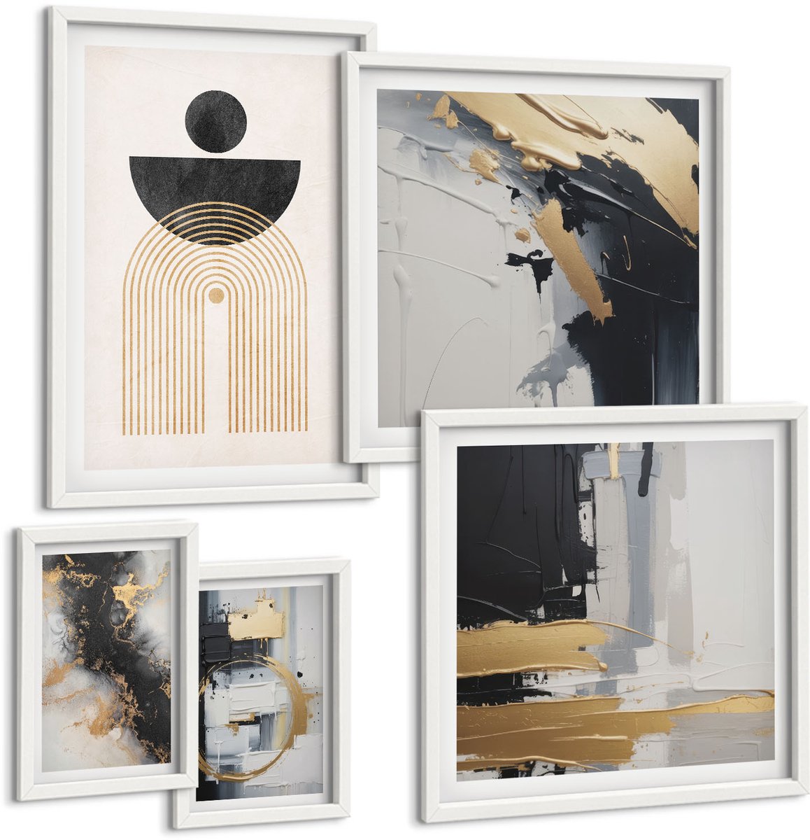 Coloray 5-Delige Schilderij Set - Abstracte Composities In Een Moderne Stijl Met Geometrische Vormen. - 50 x 50 cm, 20 x 30 cm En 40 x 60 cm - Wanddecoratie - Moderne Interieurdecoratie - Moderne Wanddecoratie