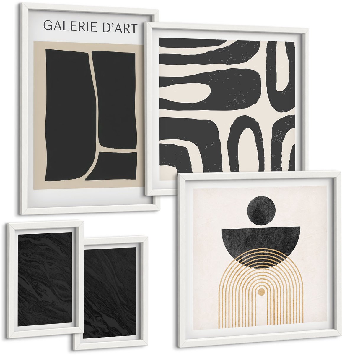 Coloray 5-Delige Schilderij Set - Abstracte Vormen En Donker Marmer - 50 x 50 cm, 20 x 30 cm En 40 x 60 cm - Schilderijen Set - Wanddecoratie - Woonkamer - Interieur Decoratie