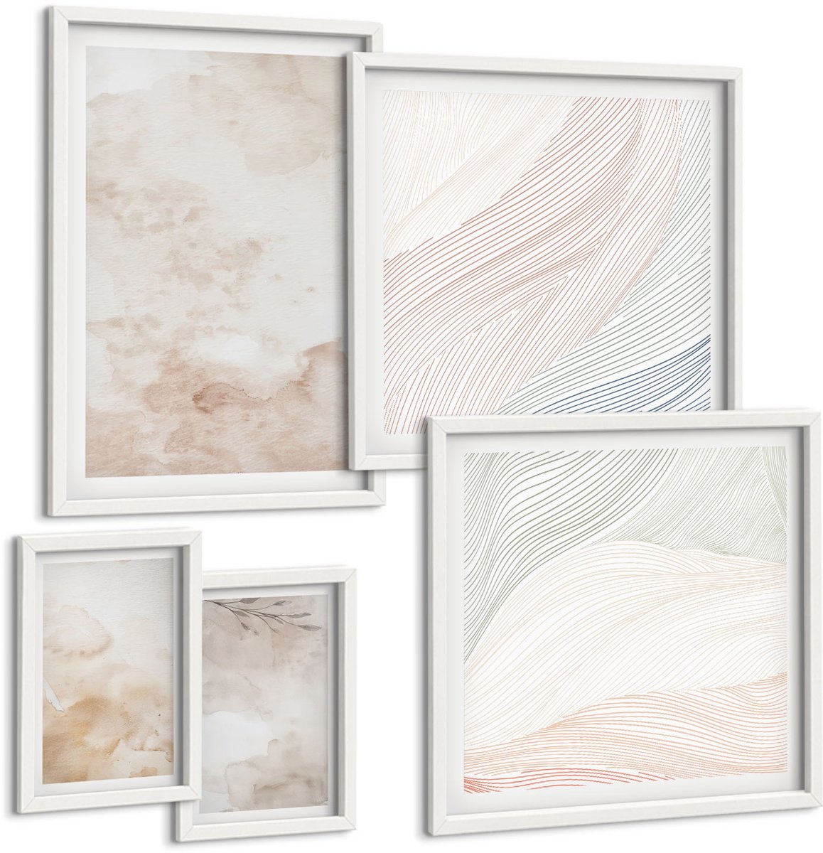 Coloray 5-Delige Schilderij Set - Aquarelvlekken En Bladeren In Pastelkleuren - 50 x 50 cm, 20 x 30 cm En 40 x 60 cm - Stijlvolle Wanddecoratie - Interieur - Interieur Decoratie