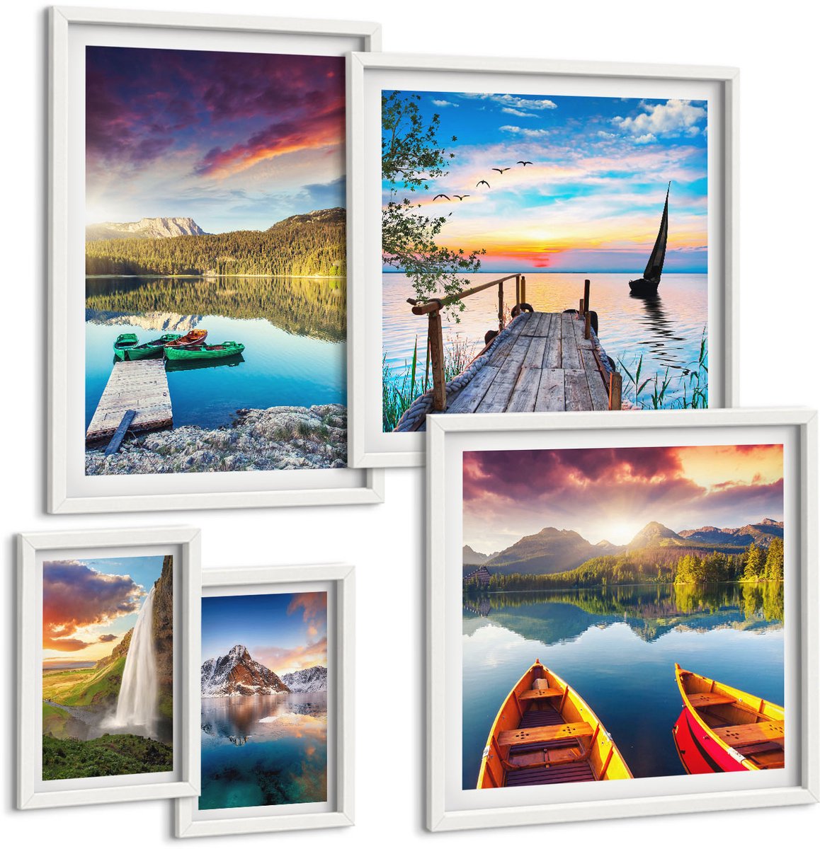 Coloray 5-Delige Schilderij Set - Natuurlandschappen Met Watervallen En Bergmeren - 50 x 50 cm, 20 x 30 cm En 40 x 60 cm - Decoratieve Muurdecoratie - Slaapkamer - Stijlvolle Muurdecoratie