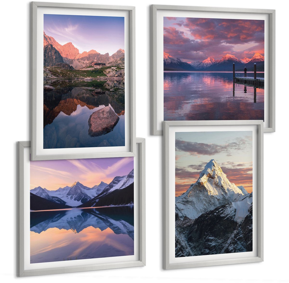 Coloray 4-Delige Schilderij Set - Berglandschappen Met Water En Rotsen Op De Achtergrond. - 40 x 40 cm En 40 x 60 cm - Schilderijen Set - Wanddecoratie - Woonkamer - Interieur Decoratie