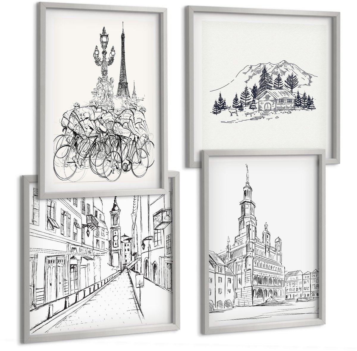 Coloray 4-Delige Schilderij Set - Eenvoudige Tekeningen Van Stadsgezichten - 40 x 40 cm En 40 x 60 cm - Wanddecoratie - Schilderijen Set - Kantoor - Decoratieve Schilderijen