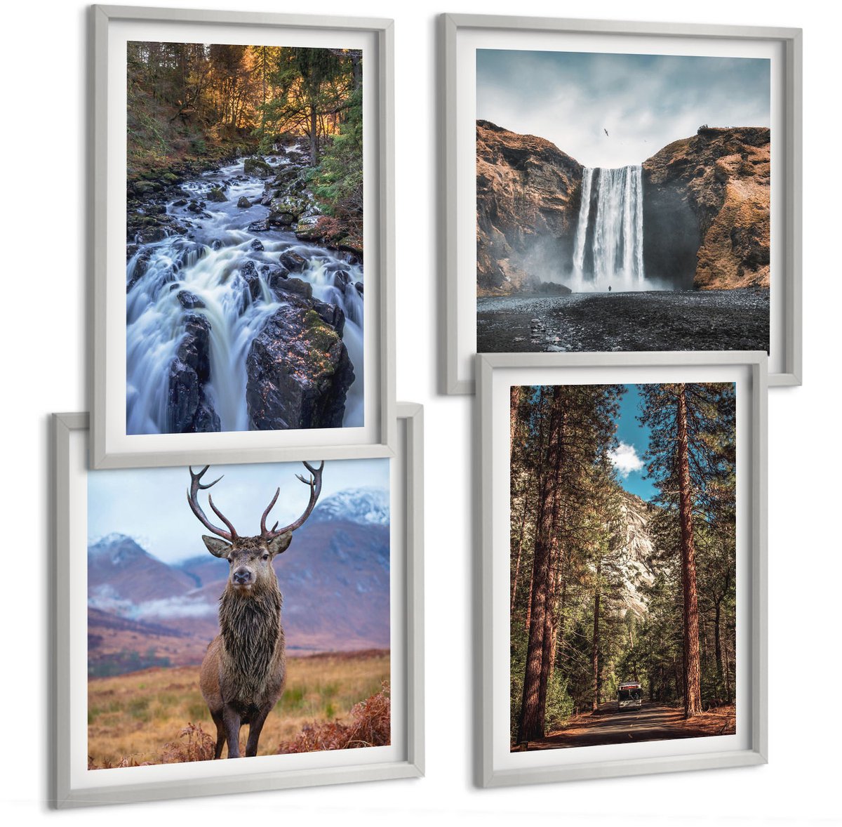 Coloray 4-Delige Schilderij Set - Waterval In Het Bosgebergte En Herten In De Natuur - 40 x 40 cm En 40 x 60 cm - Muurdecoratie - Schilderijen Set - Woonkamer - Moderne Wanddecoratie