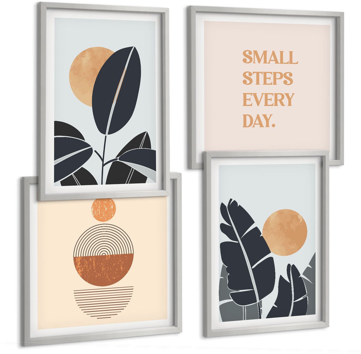 Coloray 4-Delige Schilderij Set - Plantenpatronen Met Grote Zonnen In Minimalistische Stijl - 40 x 40 cm En 40 x 60 cm - Stijlvolle Wanddecoratie - Interieur - Muurdecoratie