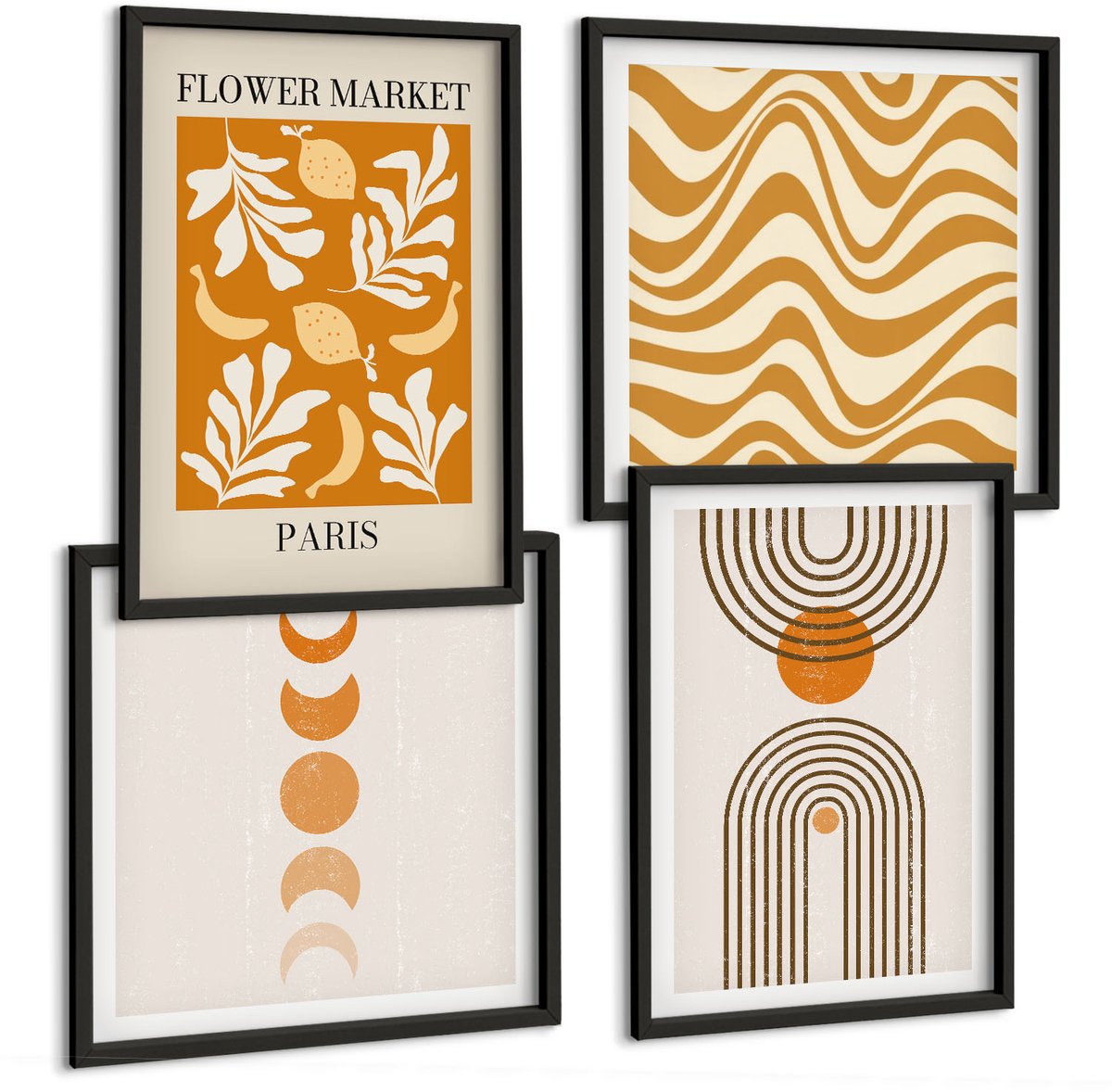 Coloray 4-Delige Schilderij Set - Modeposters Met Bloemen- En Geometrische Patronen - 40 x 40 cm En 40 x 60 cm - Muurdecoratie - Wanddecoratie - Hal - Stijlvolle Muurdecoratie Zwarte lijst