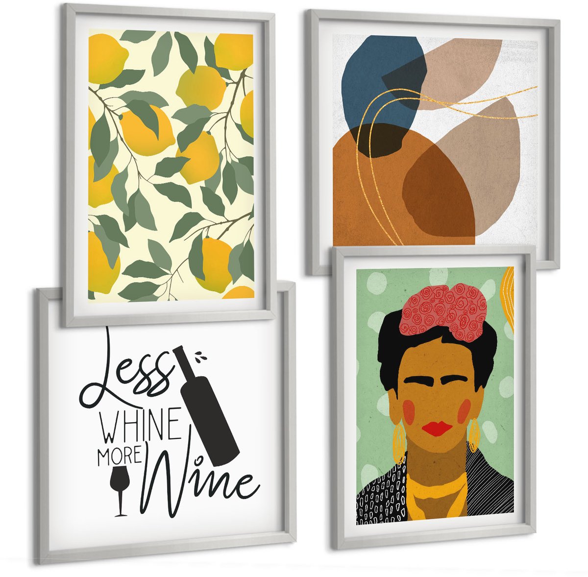 Coloray 4-Delige Schilderij Set - Citroenen Wijnfles Portret Van Frida Kahlo - 40 x 40 cm En 40 x 60 cm - Moderne Wanddecoratie - Slaapkamer