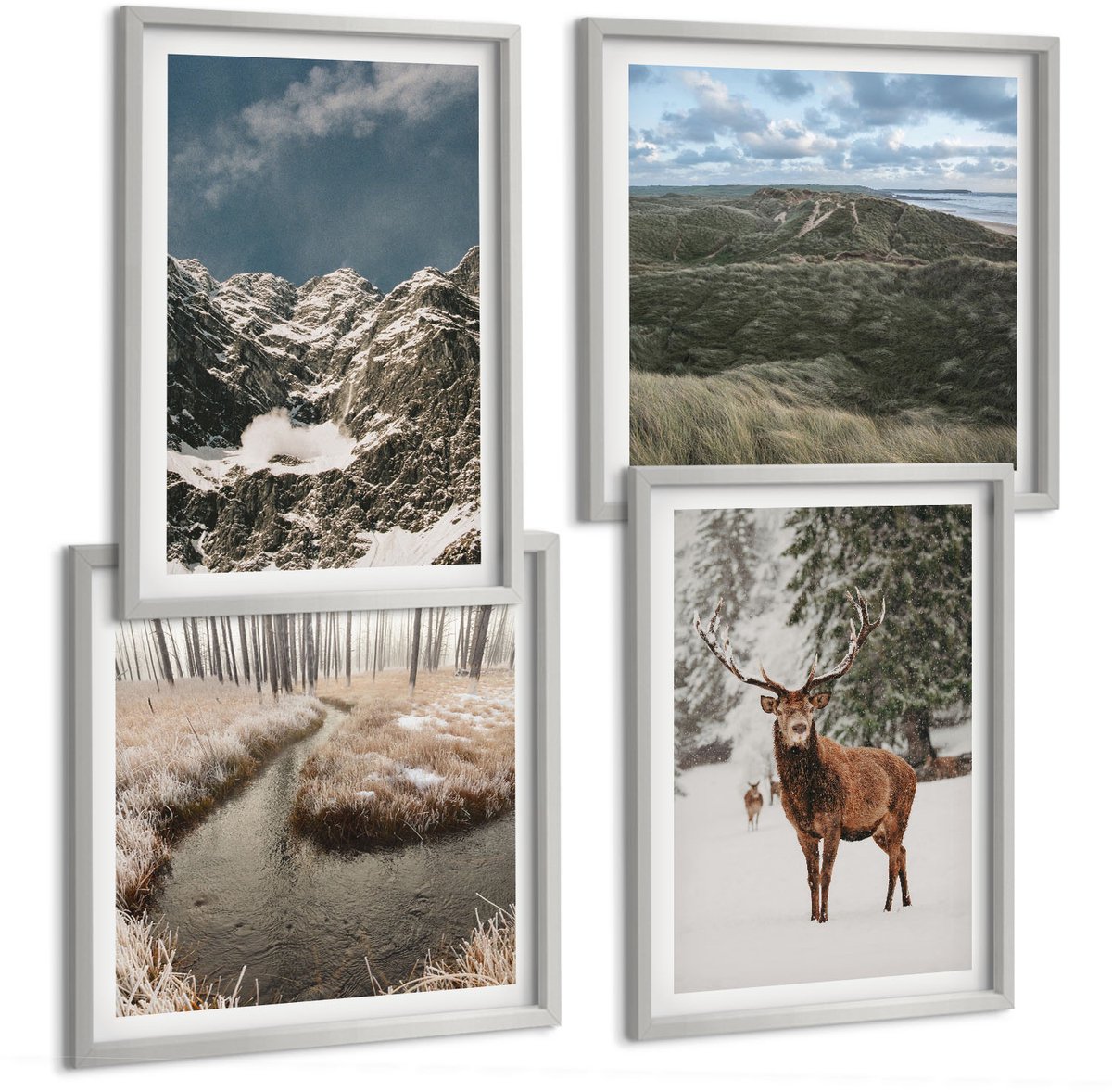 Coloray 4-Delige Schilderij Set - Bergen Met Sneeuwherten In Boslandschappen - 40 x 40 cm En 40 x 60 cm - Wanddecoratie - Moderne Interieurdecoratie