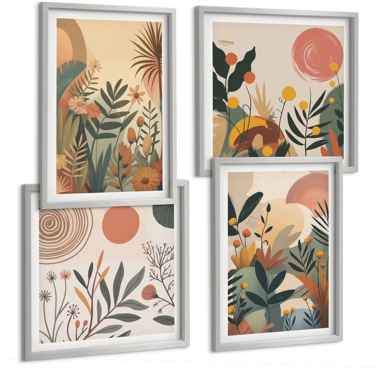 Coloray 4-Delige Schilderij Set - Plantmotieven In Gedempte Kleuren Met Cirkels. - 40 x 40 cm En 40 x 60 cm - Wanddecoratie - Muurdecoratie - Woonkamer - Interieur Decoratie