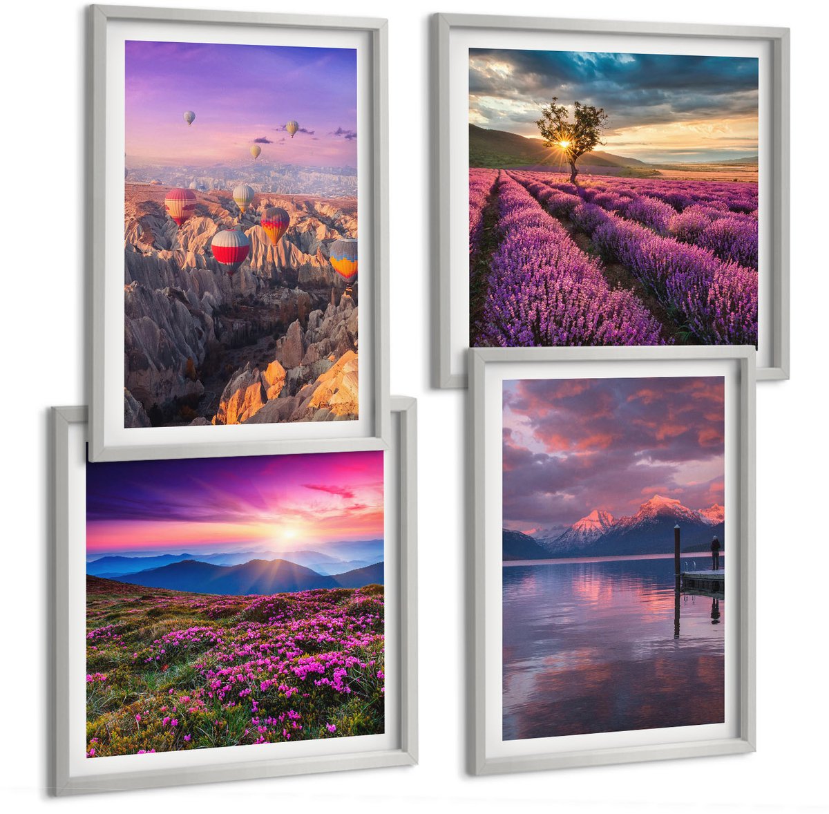 Coloray 4-Delige Schilderij Set - Landschap Met Lavendelvelden En Zonsondergang - 40 x 40 cm En 40 x 60 cm - Wanddecoratie - Schilderijen Set - Interieur
