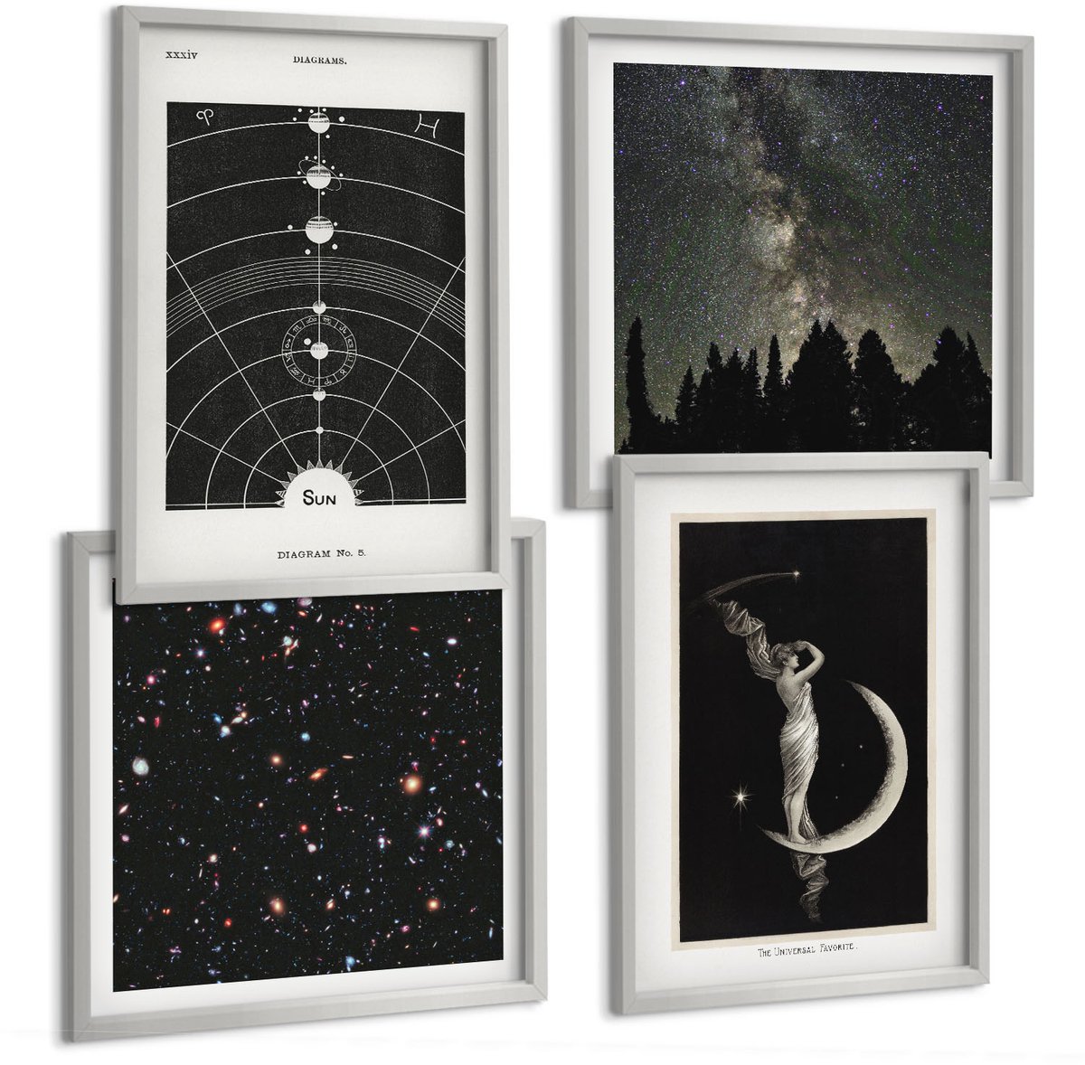 Coloray 4-Delige Schilderij Set - Sterrenstelsel In Het Zonnestelsel 'S Nachts Figuur Op De Maan - 40 x 40 cm En 40 x 60 cm - Muurdecoratie - Wanddecoratie - Hal - Stijlvolle Muurdecoratie