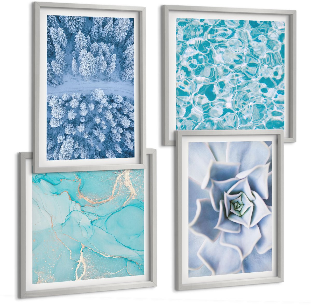 Coloray 4-Delige Schilderij Set - Winterbos, Blauwe Bloem, Blauw Wateroppervlak - 40 x 40 cm En 40 x 60 cm - Decoratieve Muurdecoratie - Slaapkamer - Woonkamer Decoratie