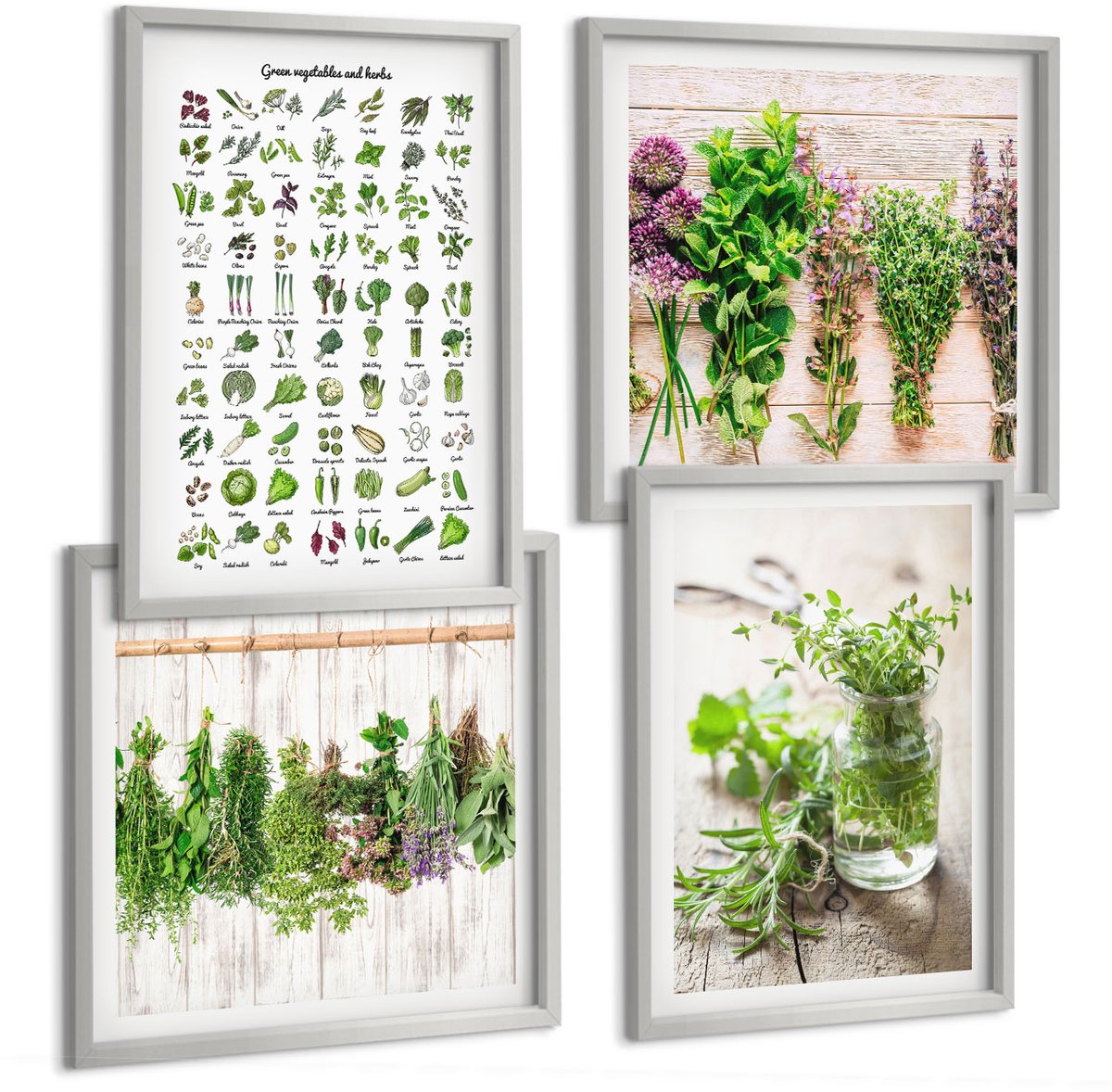 Coloray 4-Delige Schilderij Set - Lijst Met Gedroogde Keukenkruiden - 40 x 40 cm En 40 x 60 cm - Muurdecoratie - Wanddecoratie - Slaapkamer