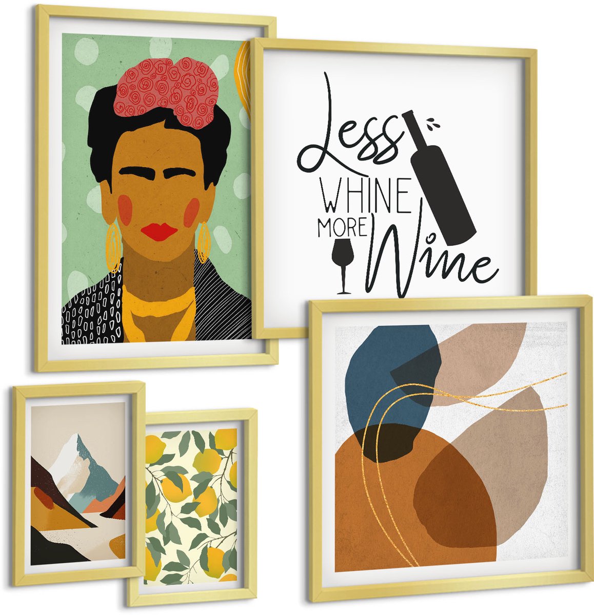Coloray 5-Delige Schilderij Set - Boho-Stijl Met Portretten En Abstracte Patronen - 50 x 50 cm, 20 x 30 cm En 40 x 60 cm - Muurdecoratie - Schilderijen Set - Woonkamer - Moderne Wanddecoratie