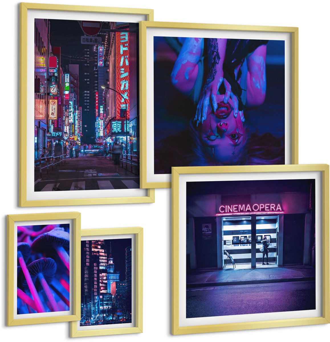 Coloray 5-Delige Schilderij Set - Neon Nachtelijke Stadsgezichten Met Een Stedelijke Sfeer - 50 x 50 cm, 20 x 30 cm En 40 x 60 cm - Wanddecoratie - Moderne Interieurdecoratie - Stijlvolle Muurdecoratie