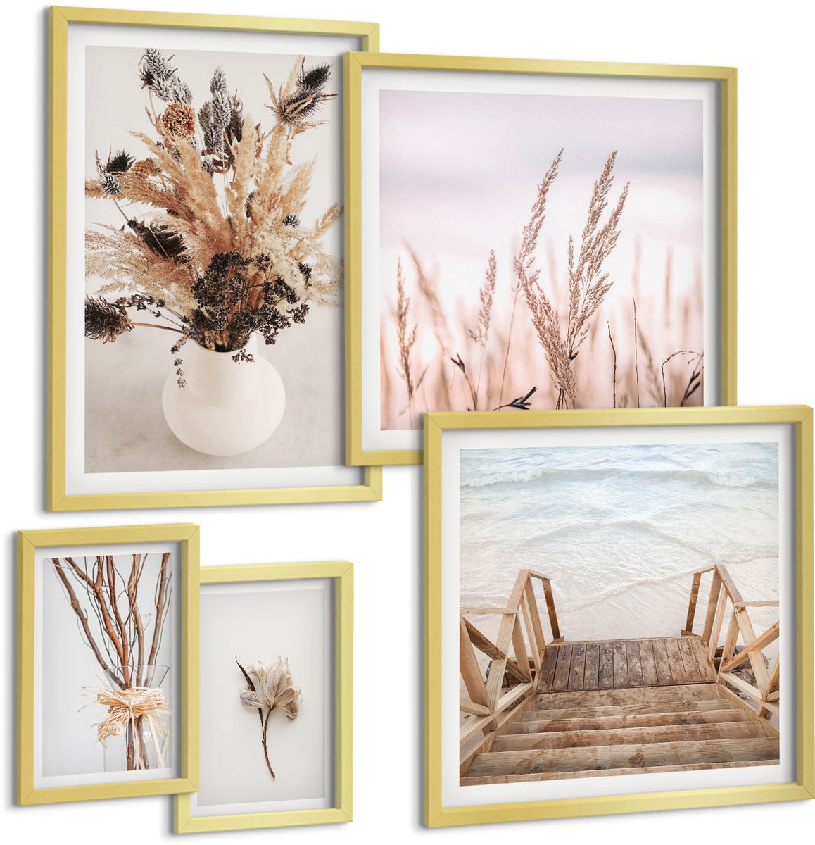 Coloray 5-Delige Schilderij Set - Stijlvolle Decoraties Met Gedroogde Planten En Waterpartijen - 50 x 50 cm, 20 x 30 cm En 40 x 60 cm - Decoratieve Muurdecoratie - Slaapkamer - Wanddecoratie