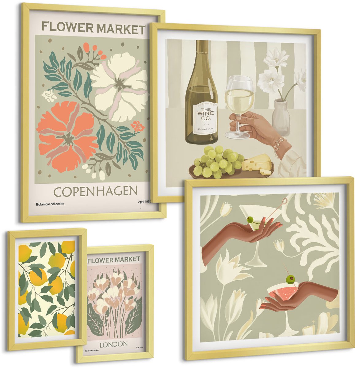 Coloray 5-Delige Schilderij Set - Vintage Bloemenmarkten En Fruitinspiratie - 50 x 50 cm, 20 x 30 cm En 40 x 60 cm - Stijlvolle Muurdecoratie - Kantoor - Woonkamer Decoratie