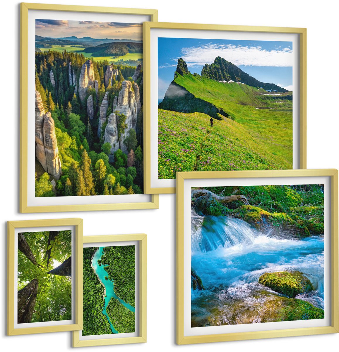 Coloray 5-Delige Schilderij Set - Natuurlijke Landschappen, Bergen, Rivieren, Bossen En Watervallen. - 50 x 50 cm, 20 x 30 cm En 40 x 60 cm - Muurdecoratie - Schilderijen Set - Woonkamer - Woonkamer Decoratie