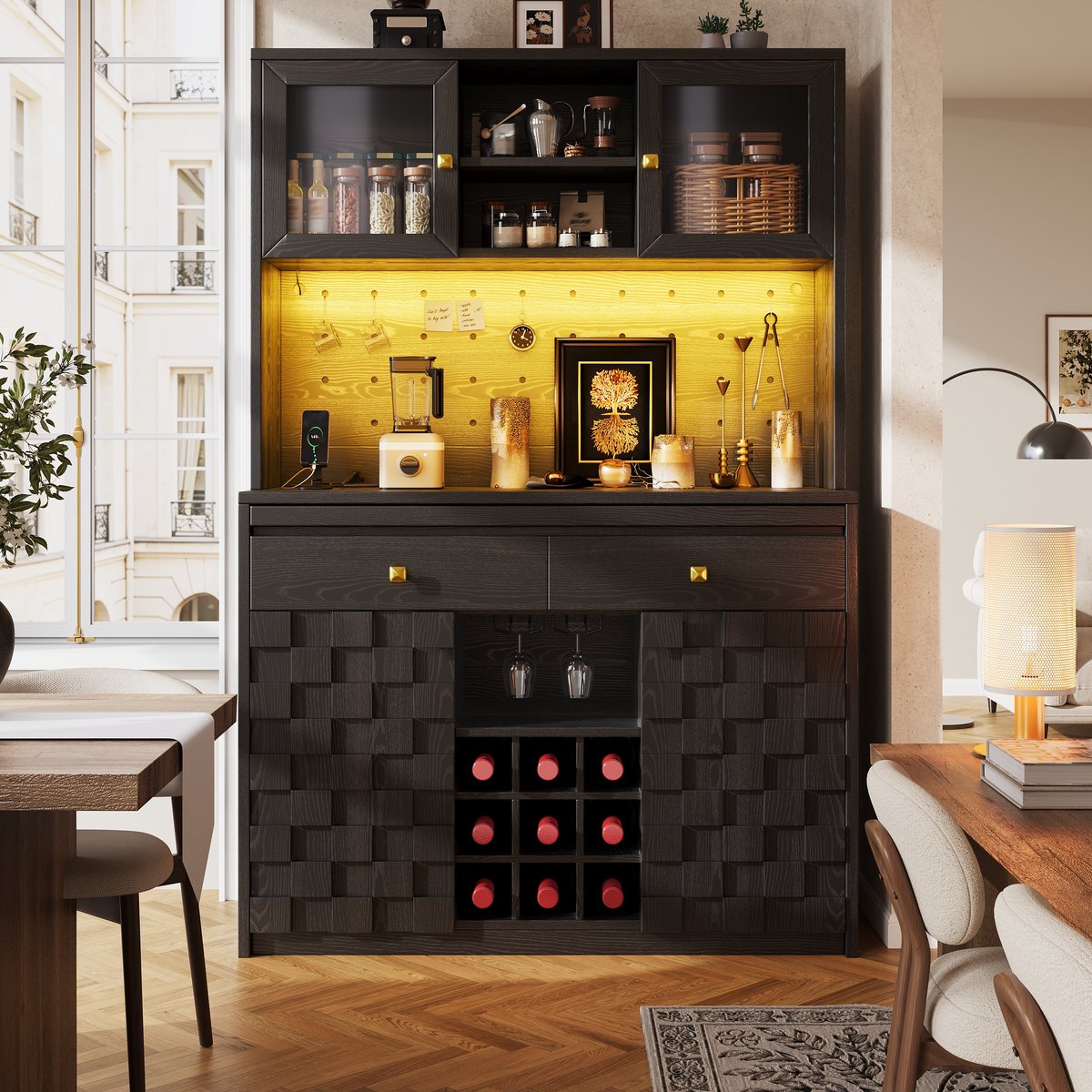 VVBV Opbergkast 120x40x178 cm - LED, App-bediening, Verstelbare Planken, Stopcontact/USB - Zwart, MDF