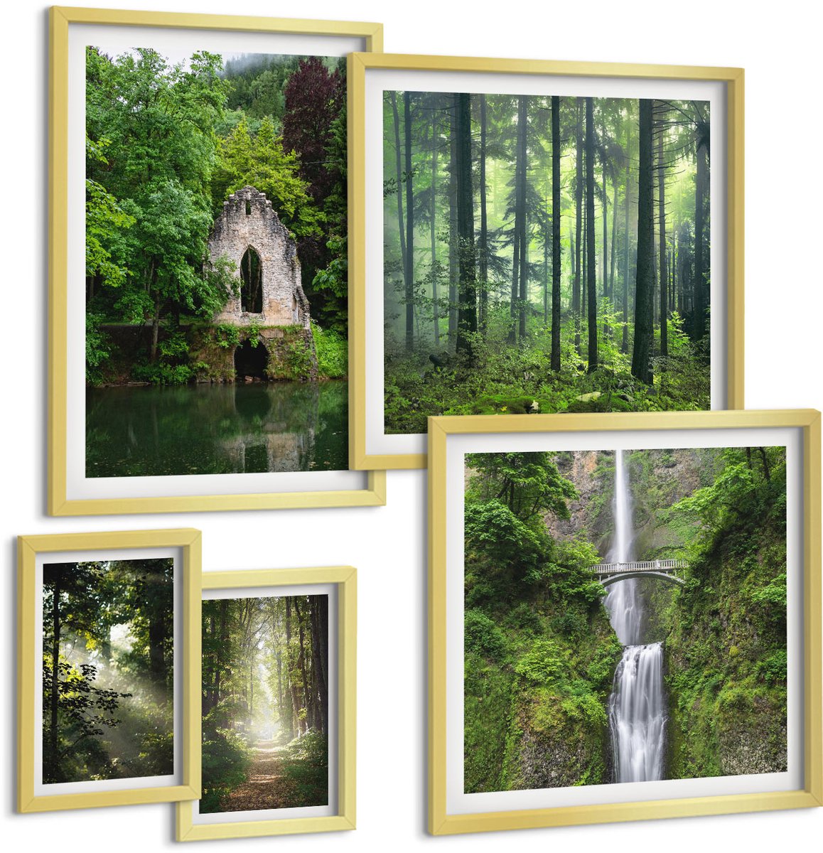 Coloray 5-Delige Schilderij Set - Groene Bossen En Watervallen In Een Natuurlijke Omgeving - 50 x 50 cm, 20 x 30 cm En 40 x 60 cm - Wanddecoratie - Muurdecoratie - Moderne Interieurdecoratie - Interieur Decoratie