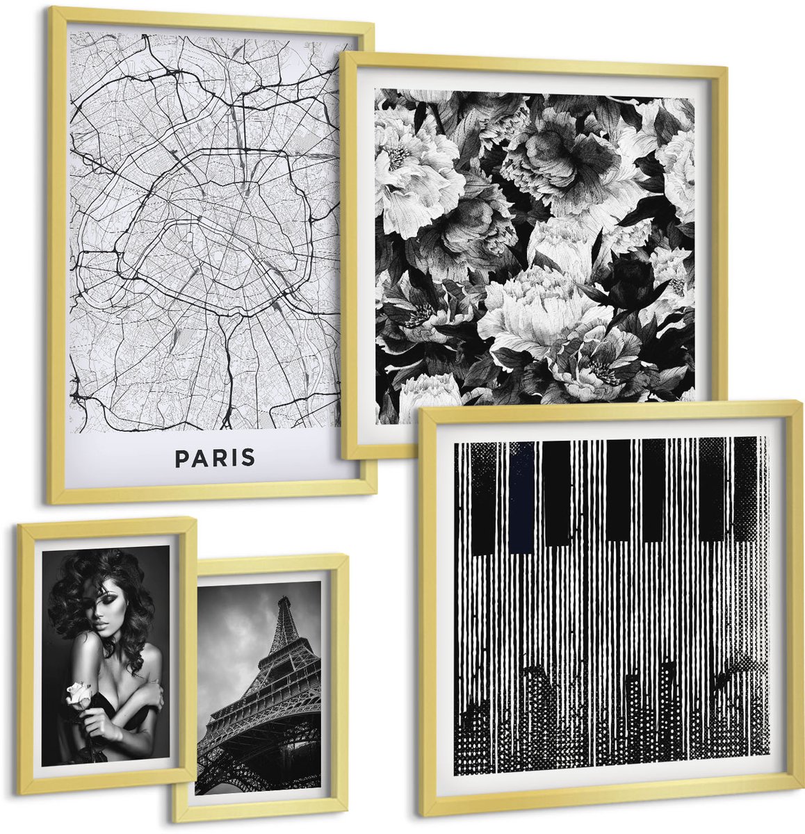 Coloray 5-Delige Schilderij Set - Elegante Motieven En Stadsarchitectuur In Parijse Stijl - 50 x 50 cm, 20 x 30 cm En 40 x 60 cm - Muurdecoratie - Wanddecoratie - Slaapkamer - Moderne Wanddecoratie