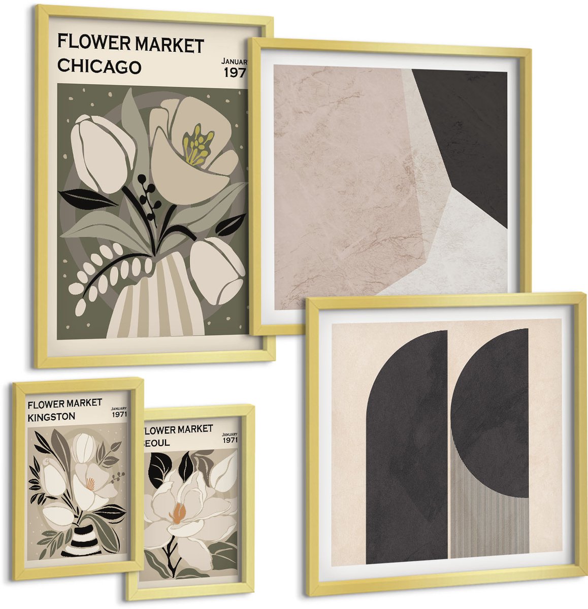 Coloray 5-Delige Schilderij Set - Stijlvolle Composities Met Bloemen- En Geometrische Motieven. - 50 x 50 cm, 20 x 30 cm En 40 x 60 cm - Wanddecoratie - Moderne Interieurdecoratie - Decoratieve Schilderijen