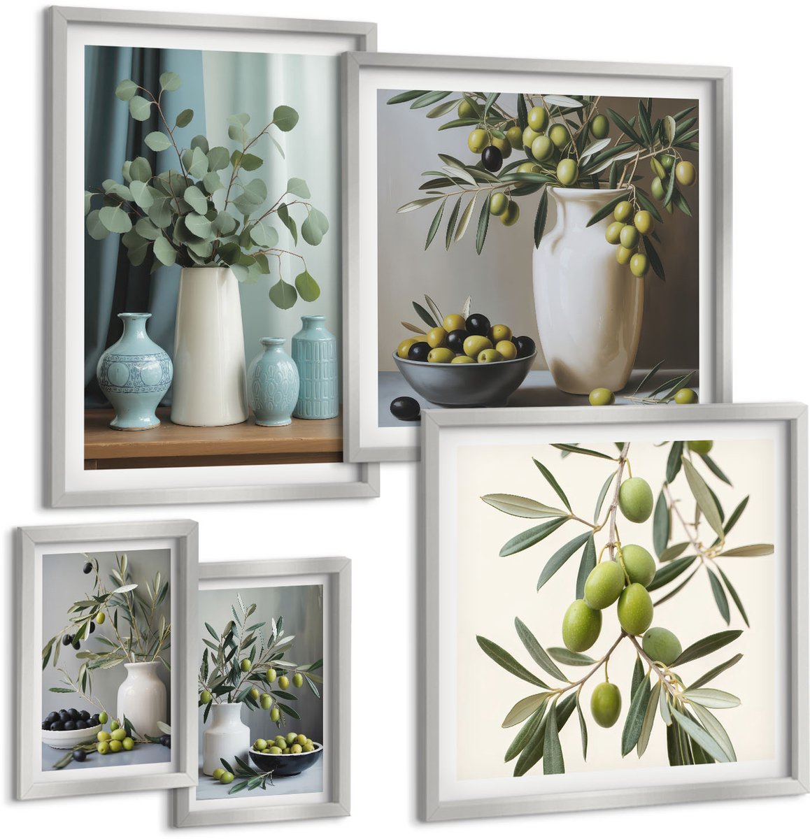 Coloray 5-Delige Schilderij Set - Olijven In Vazen ​​Tegen Een Achtergrond Van Gedempte Kleuren. - 20 x 30 cm - Decoratieve Schilderijen - Wanddecoratie - Hal