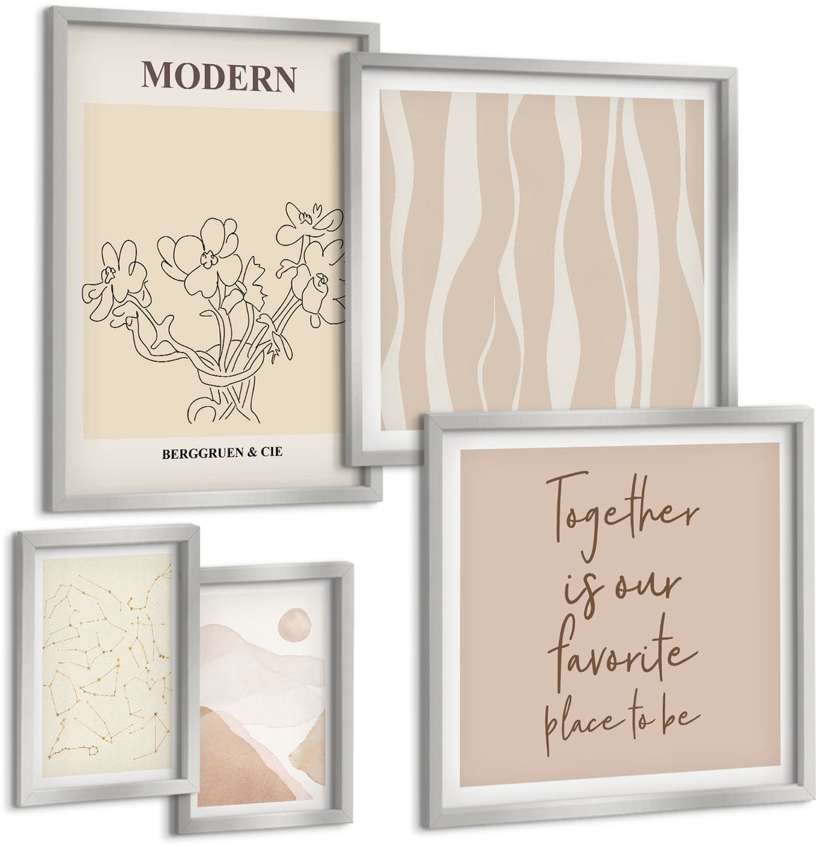 Coloray 5-Delige Schilderij Set - Abstracte Patronen, Minimalistische Vormen, Boho-Stijl - 20 x 30 cm - Schilderijen Set - Wanddecoratie - Woonkamer