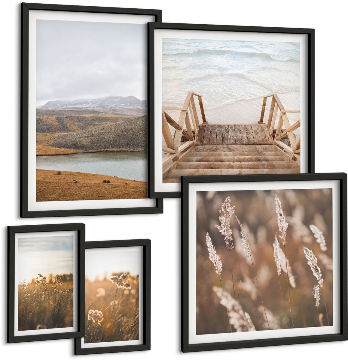 Coloray 5-Delige Schilderij Set - Natuurlandschappen Met Uitzicht Op Velden En Meren - 50 x 50 cm, 20 x 30 cm En 40 x 60 cm - Muurdecoratie - Interieur Decoratie - Wanddecoratie