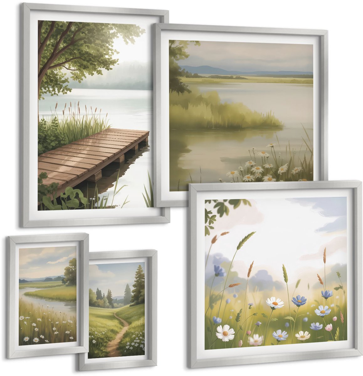 Coloray 5-Delige Schilderij Set - Citroenen En Bloemen In Potten In Een Kustplaats - 20 x 30 cm - Wanddecoratie - Schilderijen Set - Kantoor - Muurdecoratie