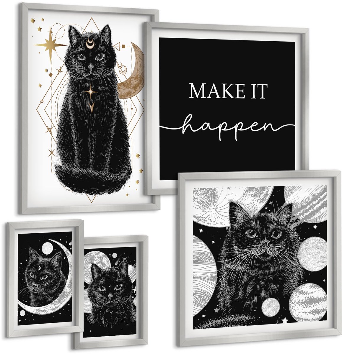 Coloray 5-Delige Schilderij Set - Zwarte Katten Tegen De Achtergrond Van De Maan En Planeten In De Ruimte. - 20 x 30 cm - Wanddecoratie - Schilderijen Set - Kantoor - Stijlvolle Muurdecoratie