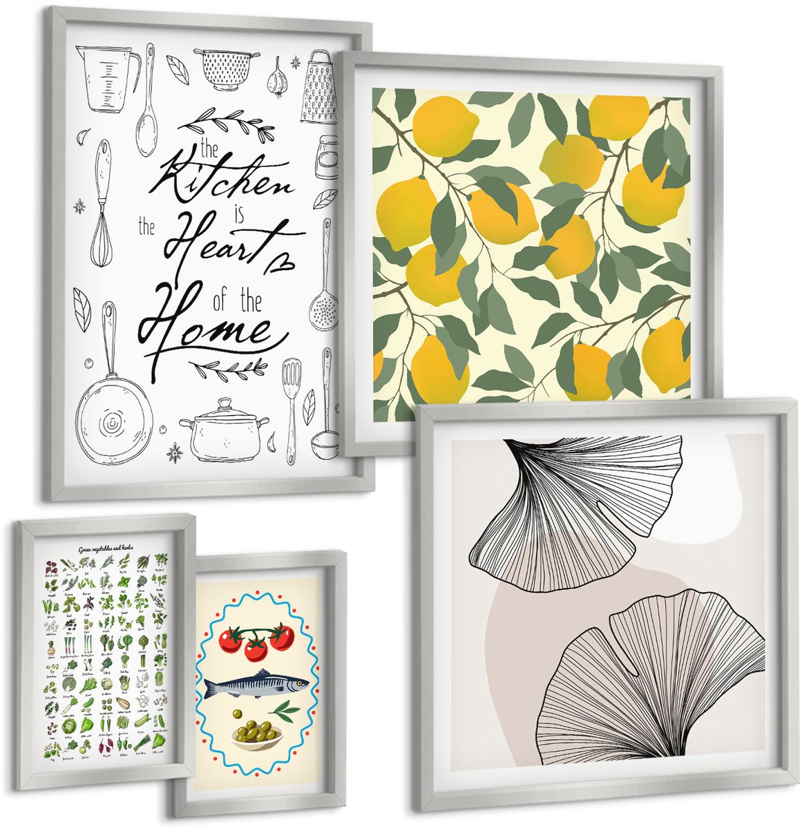 Coloray 5-Delige Schilderij Set - Lijst Met Keukenkruiden, Belettering En Beschilderde Citroenen - 20 x 30 cm - Wanddecoratie - Moderne Interieurdecoratie
