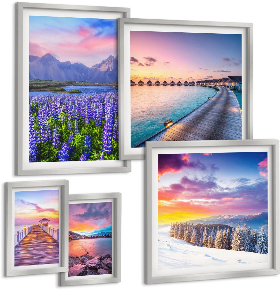 Coloray 5-Delige Schilderij Set - Winters Berglandschap Met Een Aanlegsteiger Aan Het Meer. - 20 x 30 cm - Wanddecoratie - Woonkamer Decoratie - Muurdecoratie