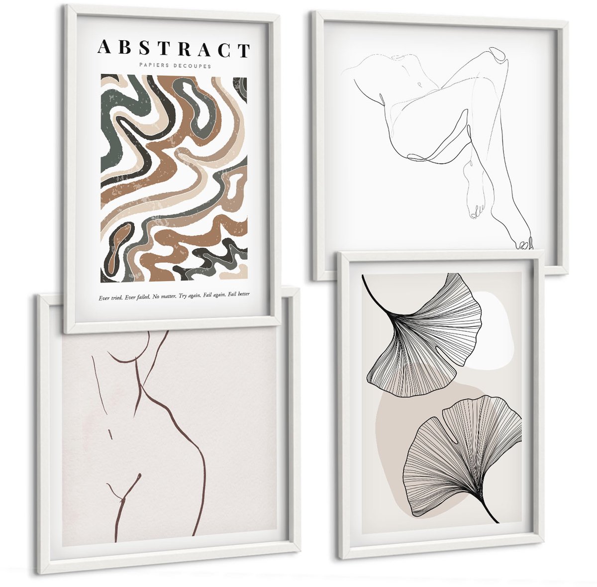 Coloray 4-Delige Schilderij Set - Abstracte Poster Met Vrouwelijke Vormen En Bladeren In Boho-Stijl. - 40 x 40 En 40 x 60 - Muurdecoratie - Decoratieve Schilderijen - Wohnzimmer