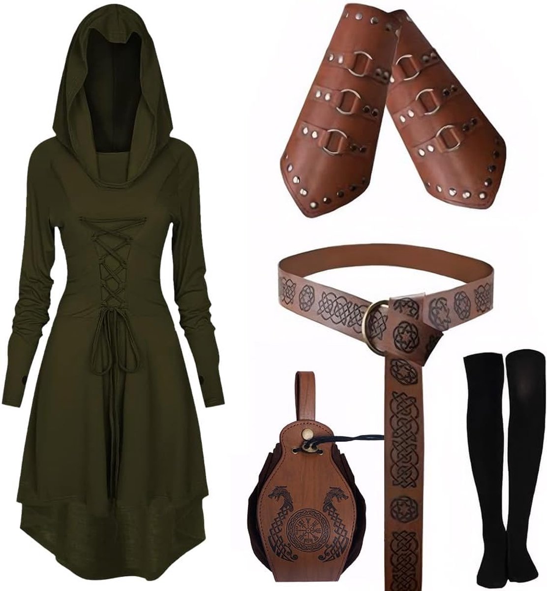 Jurk met capuchon voor dames, renaissance-kostuum, set met armbescherming, riem, riemtas, kousen, accessoires